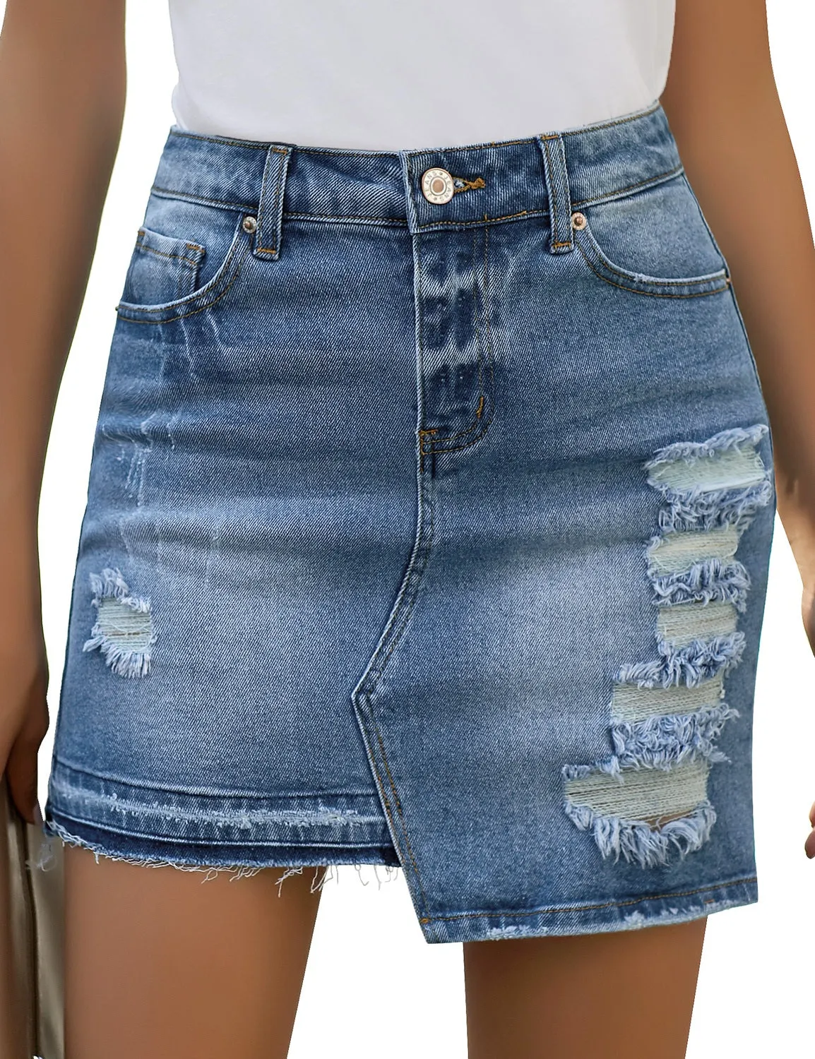 Light Blue High Waist Distressed High Low Hem Denim Mini Skirt