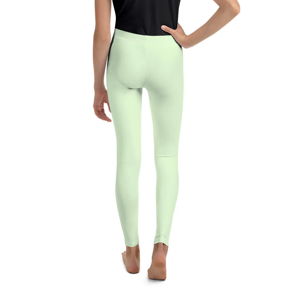 Light Lime Pastel Green Solid Color Print Premium Youth Leggings- Made in USA/ EU