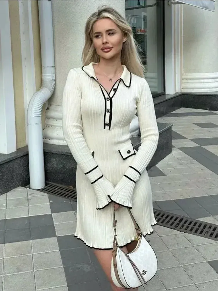 Long Sleeve High Waist Lapel Gown Dress Knitwear Ladies Maxi Dress