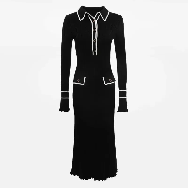 Long Sleeve High Waist Lapel Gown Dress Knitwear Ladies Maxi Dress