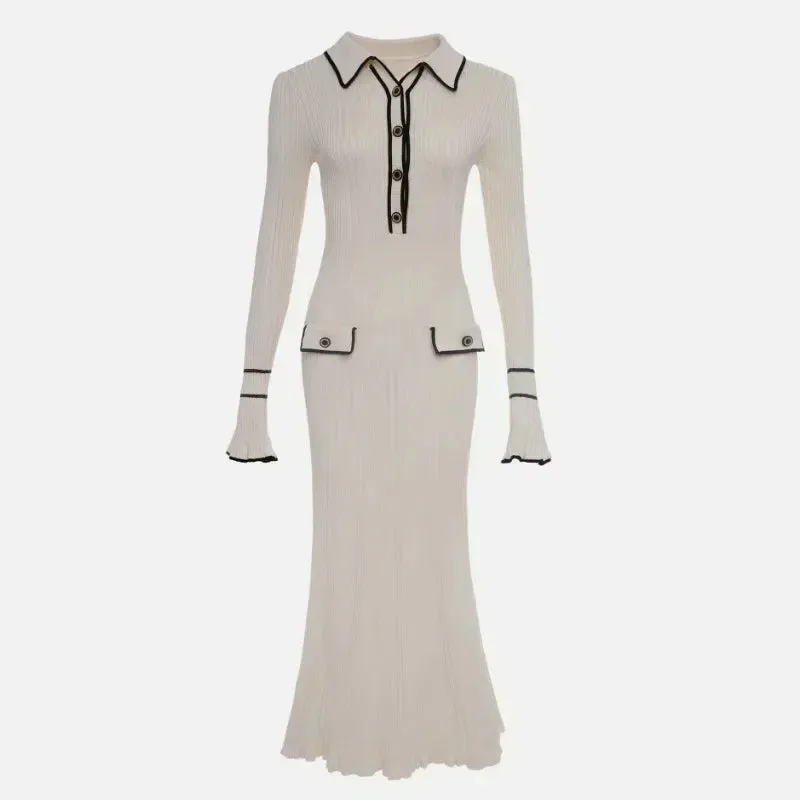 Long Sleeve High Waist Lapel Gown Dress Knitwear Ladies Maxi Dress