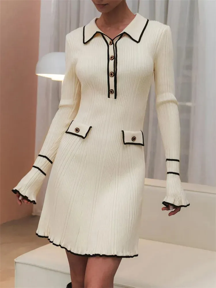 Long Sleeve High Waist Lapel Gown Dress Knitwear Ladies Maxi Dress