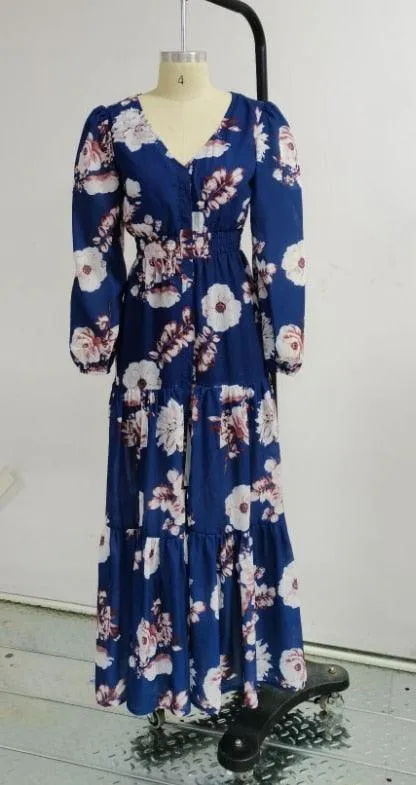 Long Sleeve Lantern Floral Print Chiffon Maxi Dress