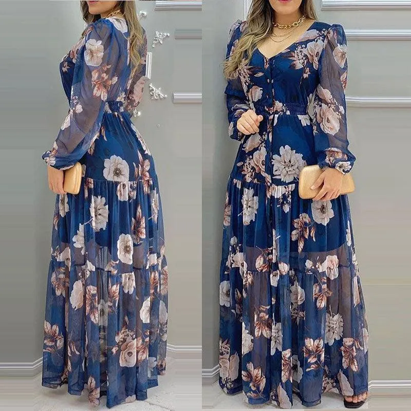 Long Sleeve Lantern Floral Print Chiffon Maxi Dress