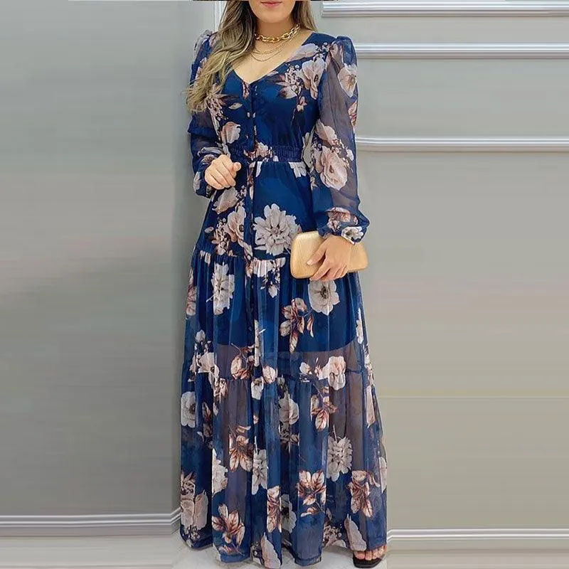 Long Sleeve Lantern Floral Print Chiffon Maxi Dress