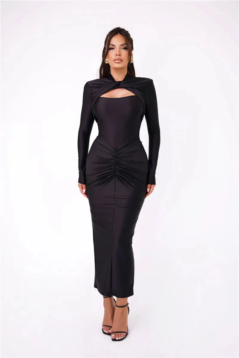 Long Sleeve Sexy Maxi Dress For Women Gown Autumn Winter New Metal Buckle Ruched Slit Long Dress Elegant