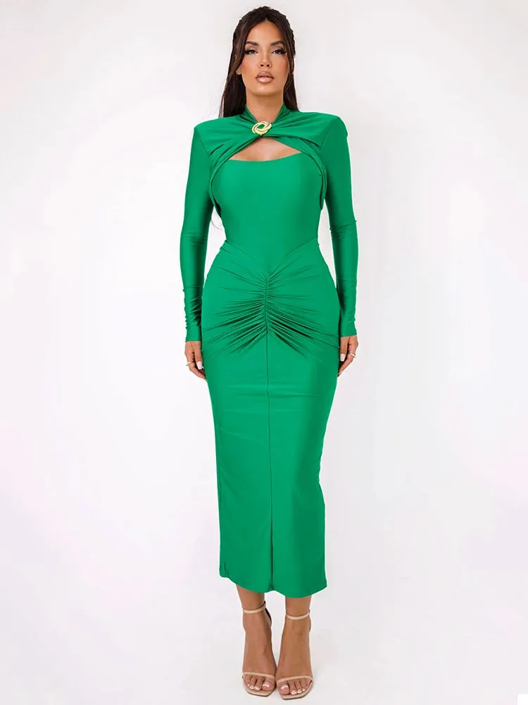 Long Sleeve Sexy Maxi Dress For Women Gown Autumn Winter New Metal Buckle Ruched Slit Long Dress Elegant