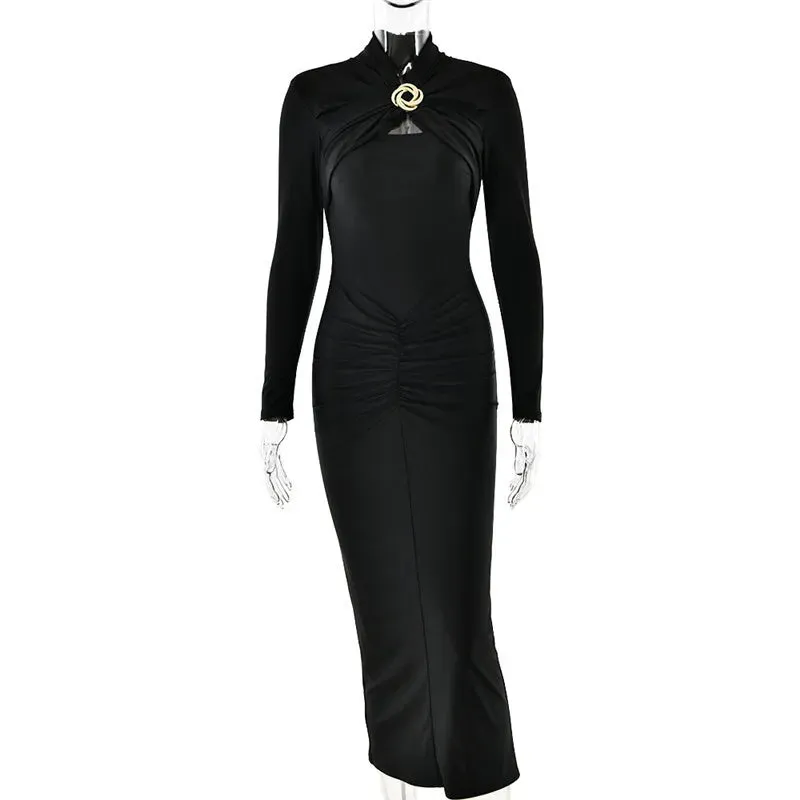 Long Sleeve Sexy Maxi Dress For Women Gown Autumn Winter New Metal Buckle Ruched Slit Long Dress Elegant