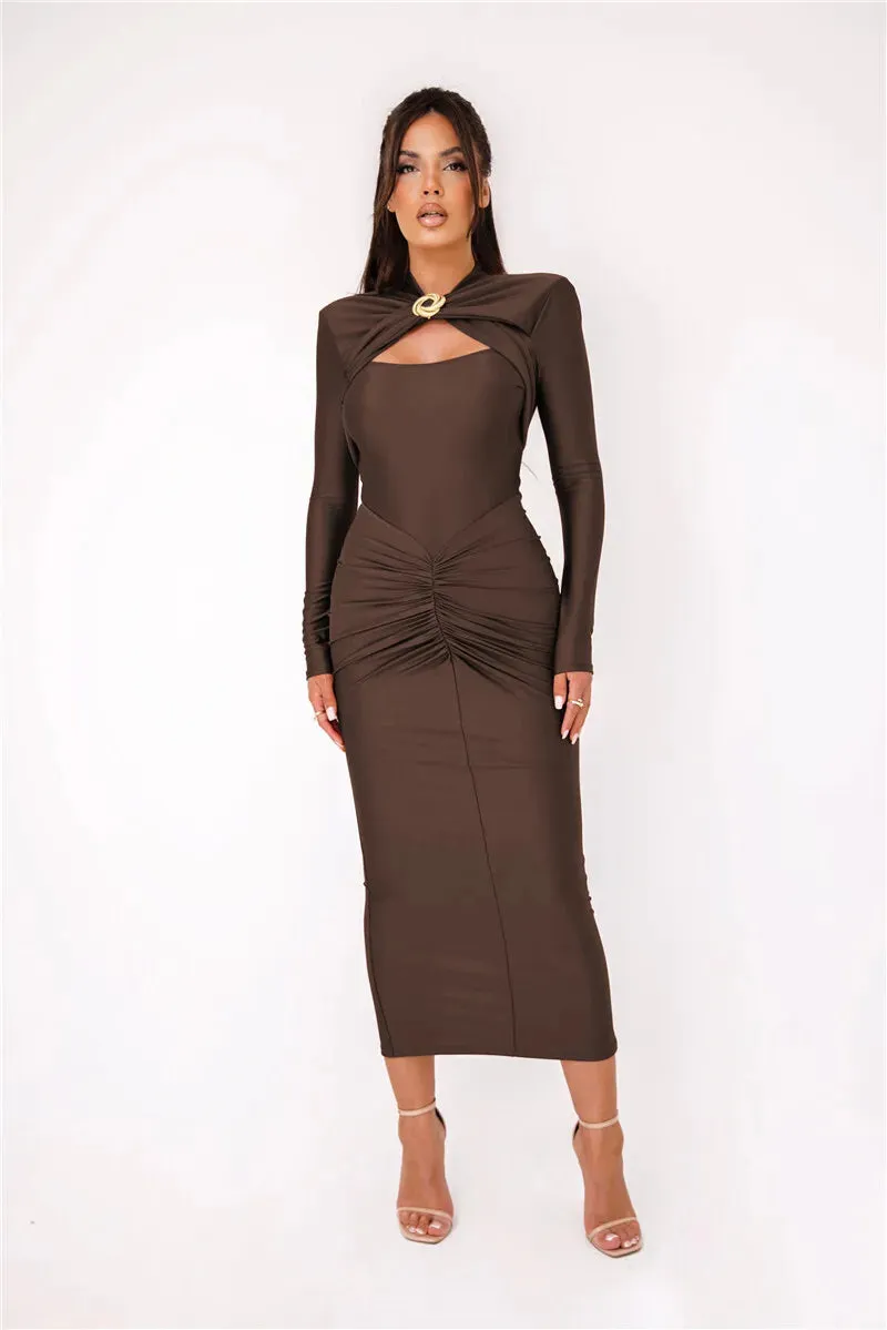 Long Sleeve Sexy Maxi Dress For Women Gown Autumn Winter New Metal Buckle Ruched Slit Long Dress Elegant