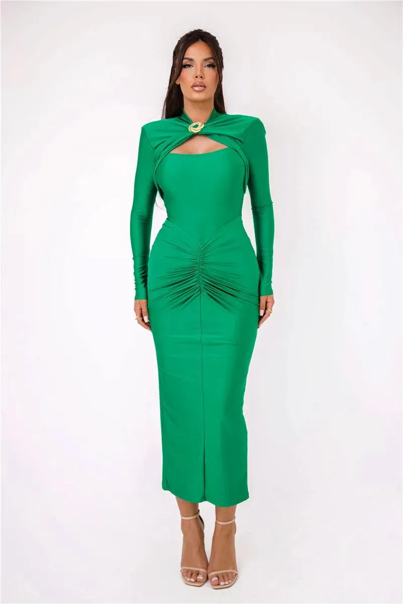 Long Sleeve Sexy Maxi Dress For Women Gown Autumn Winter New Metal Buckle Ruched Slit Long Dress Elegant