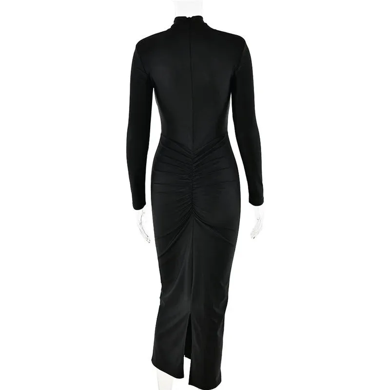 Long Sleeve Sexy Maxi Dress For Women Gown Autumn Winter New Metal Buckle Ruched Slit Long Dress Elegant