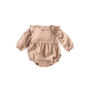 Longsleeve Ruffle Puffed Romper - Gingham Caramel