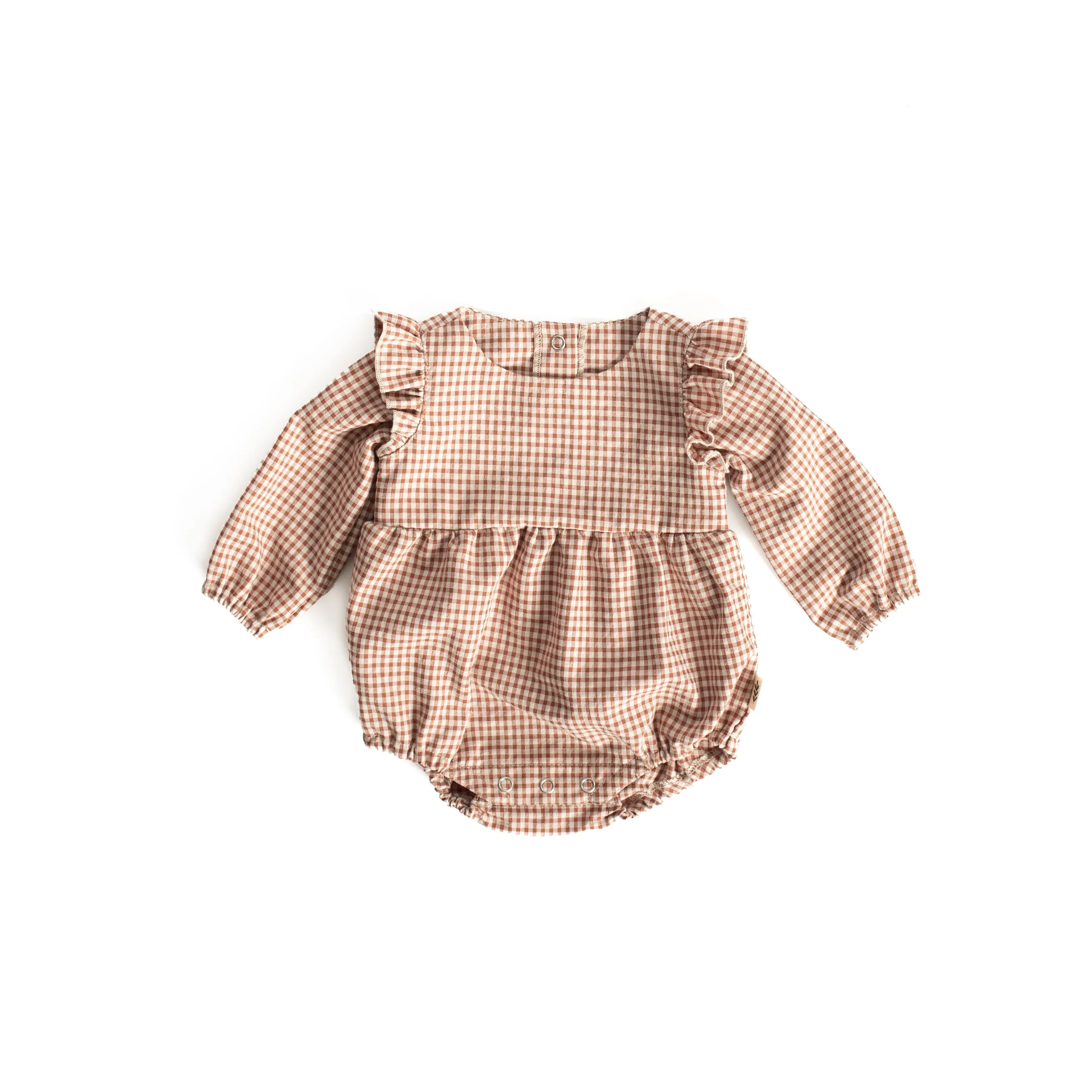 Longsleeve Ruffle Puffed Romper - Gingham Caramel