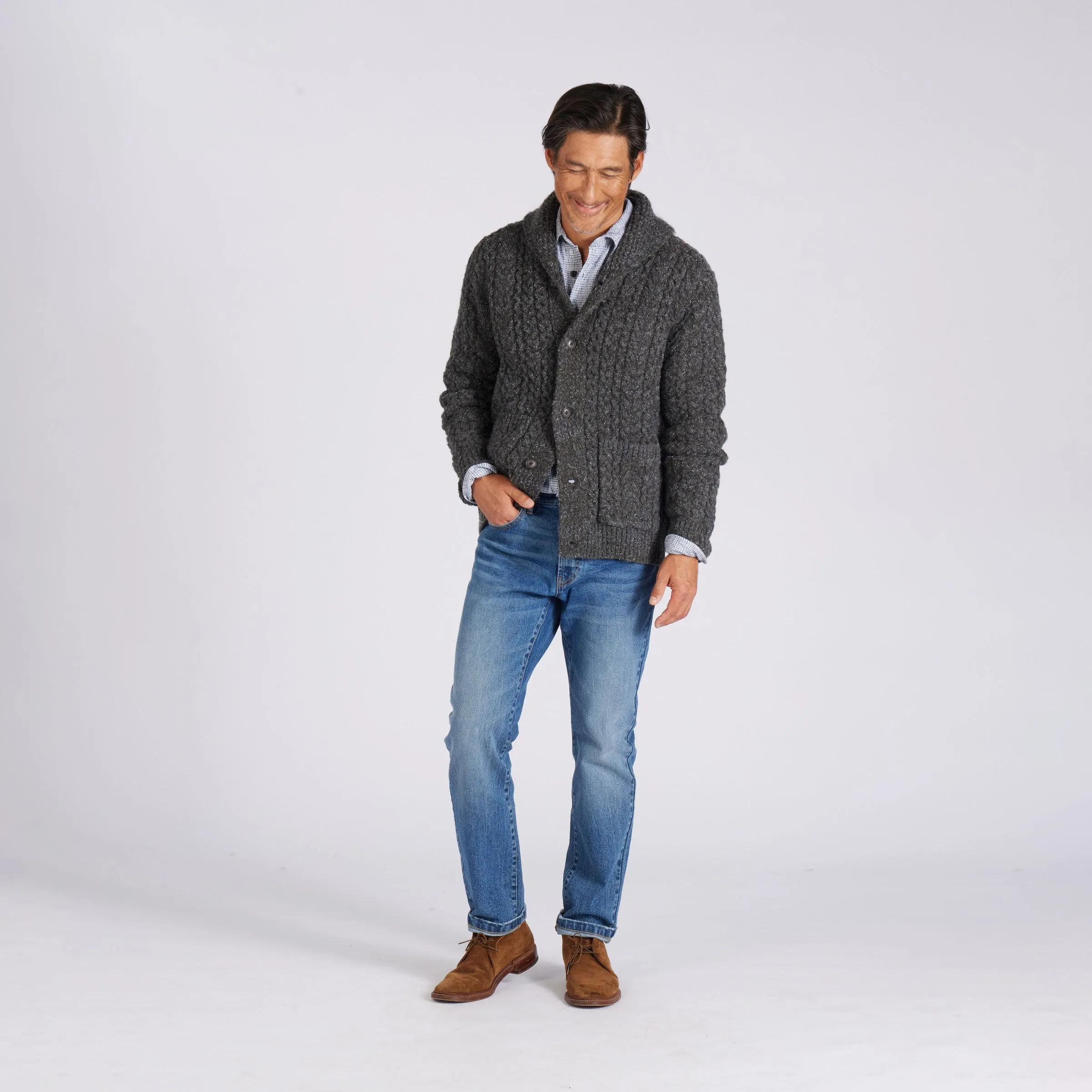 Melange Cable  Shawl Cardigan - Charcoal