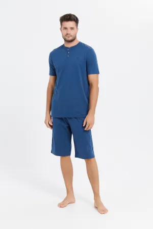 Men Blue Henley Pyjama Set (2 Piece)