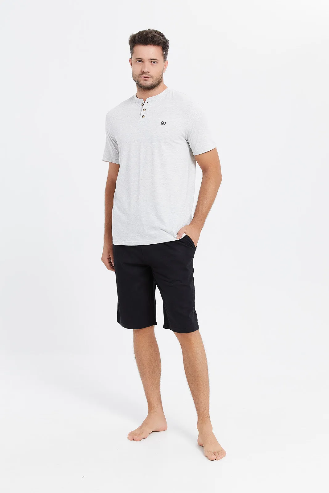 Men Ecru And Black Henley Pyjama Set (2 Piece)