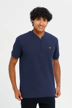 Men Navy Henley Polo Shirt