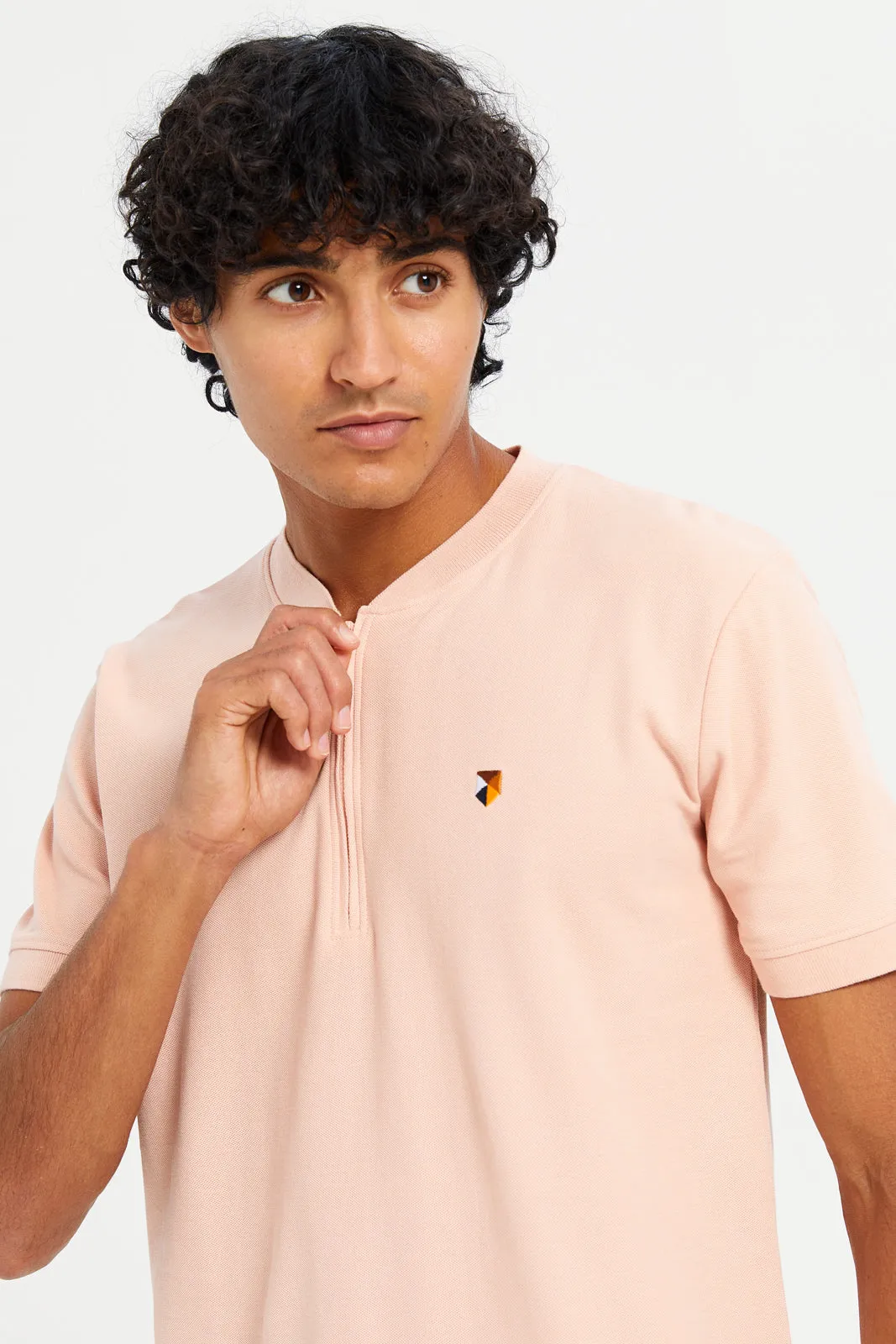 Men Pink Henley Polo Shirt