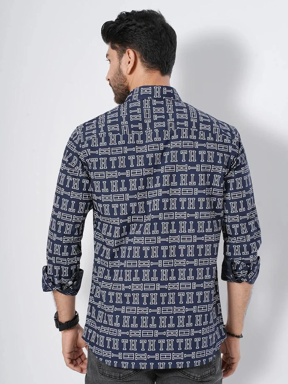 Men's Alphabet  Printed Navy  Full Sleeve Shirt