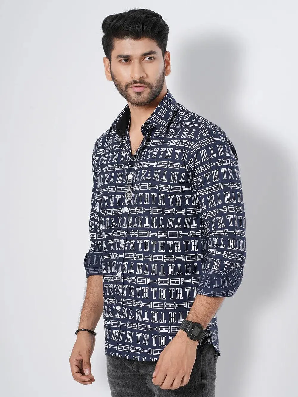 Men's Alphabet  Printed Navy  Full Sleeve Shirt