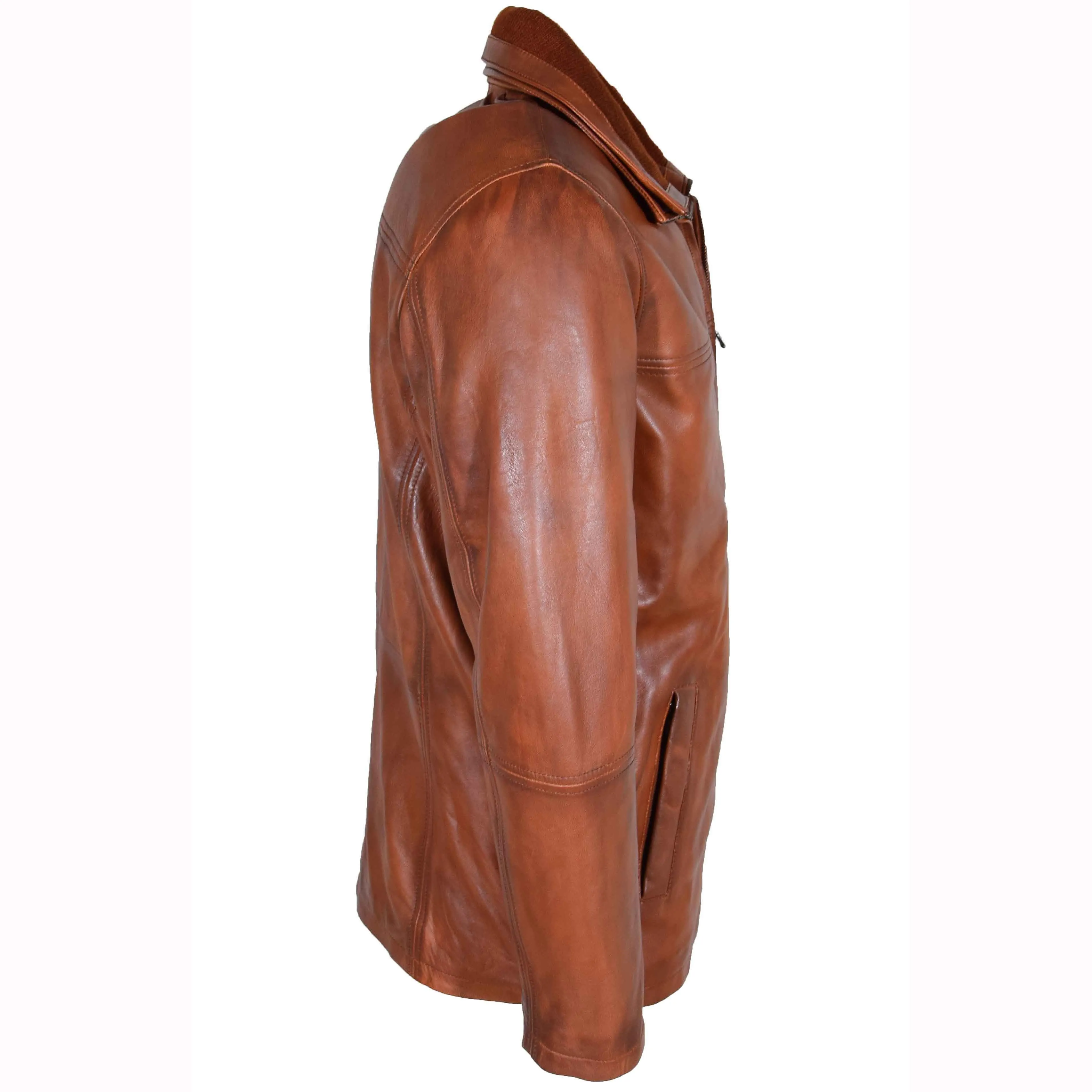 Mens Real Leather Coat Detachable Collar Lining George Cognac