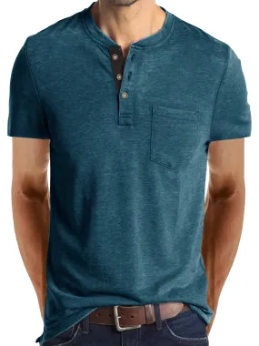 Men's Summer Solid Color Cotton Casual Henley Collar Short Sleeve T-Shirt