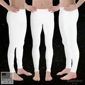 Minimalist Solid White Color Meggings, Titanium White Color Print Premium Quality Men's Leggings-Made in USA