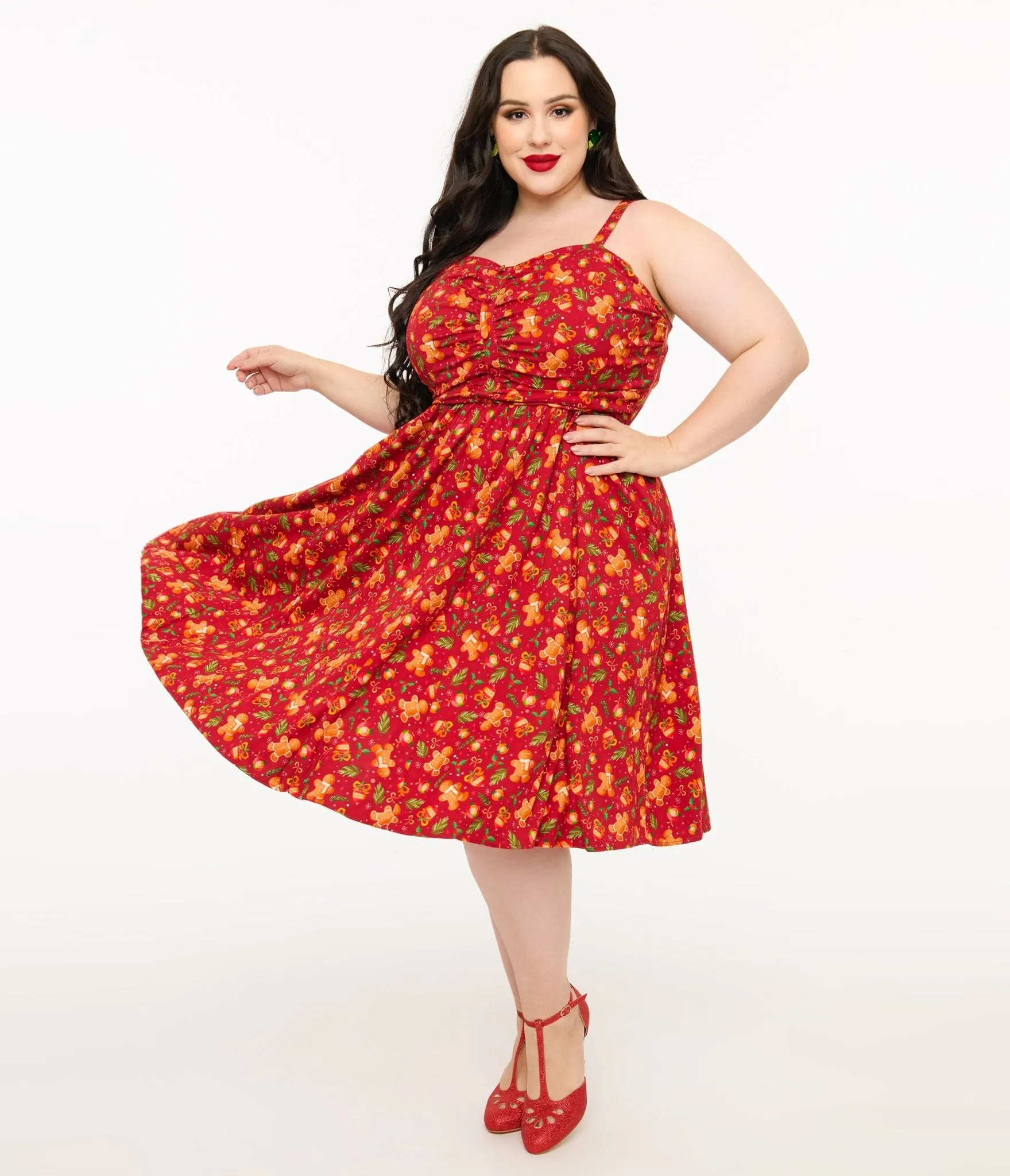 Miss Lulo Plus Size 1950s Red Gingerbread Man Print Eden Fit & Flare Dress