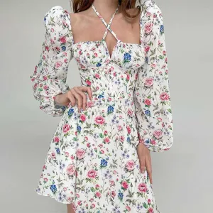 Multi-Style Elegant Floral Print Summer Dresses with Long Lantern Sleeves