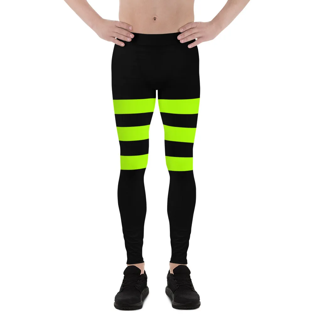 Neon Green Striped Men's Leggings, Modern Bright Meggings-Made in USA/EU/MX (US Size: XS-3XL)