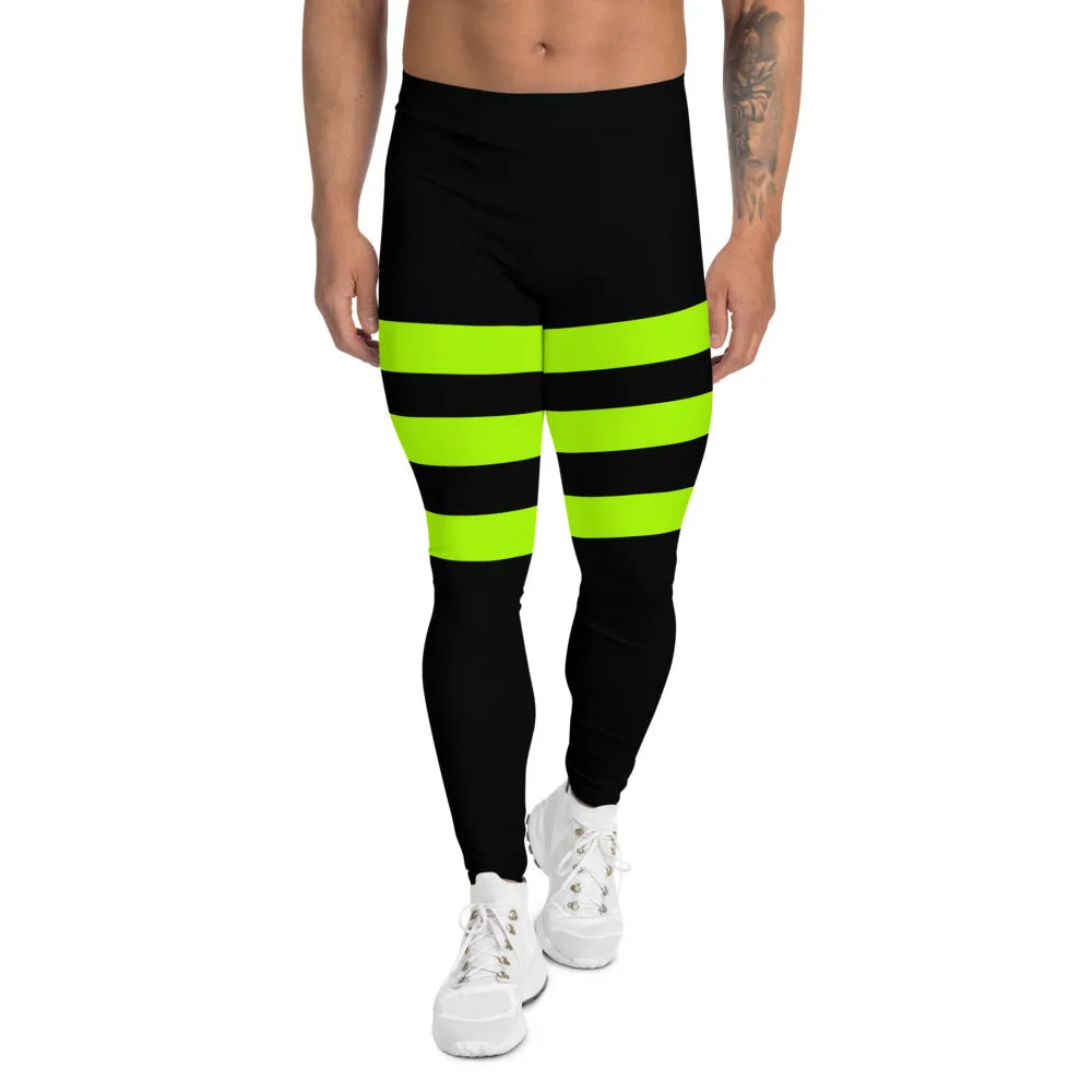 Neon Green Striped Men's Leggings, Modern Bright Meggings-Made in USA/EU/MX (US Size: XS-3XL)