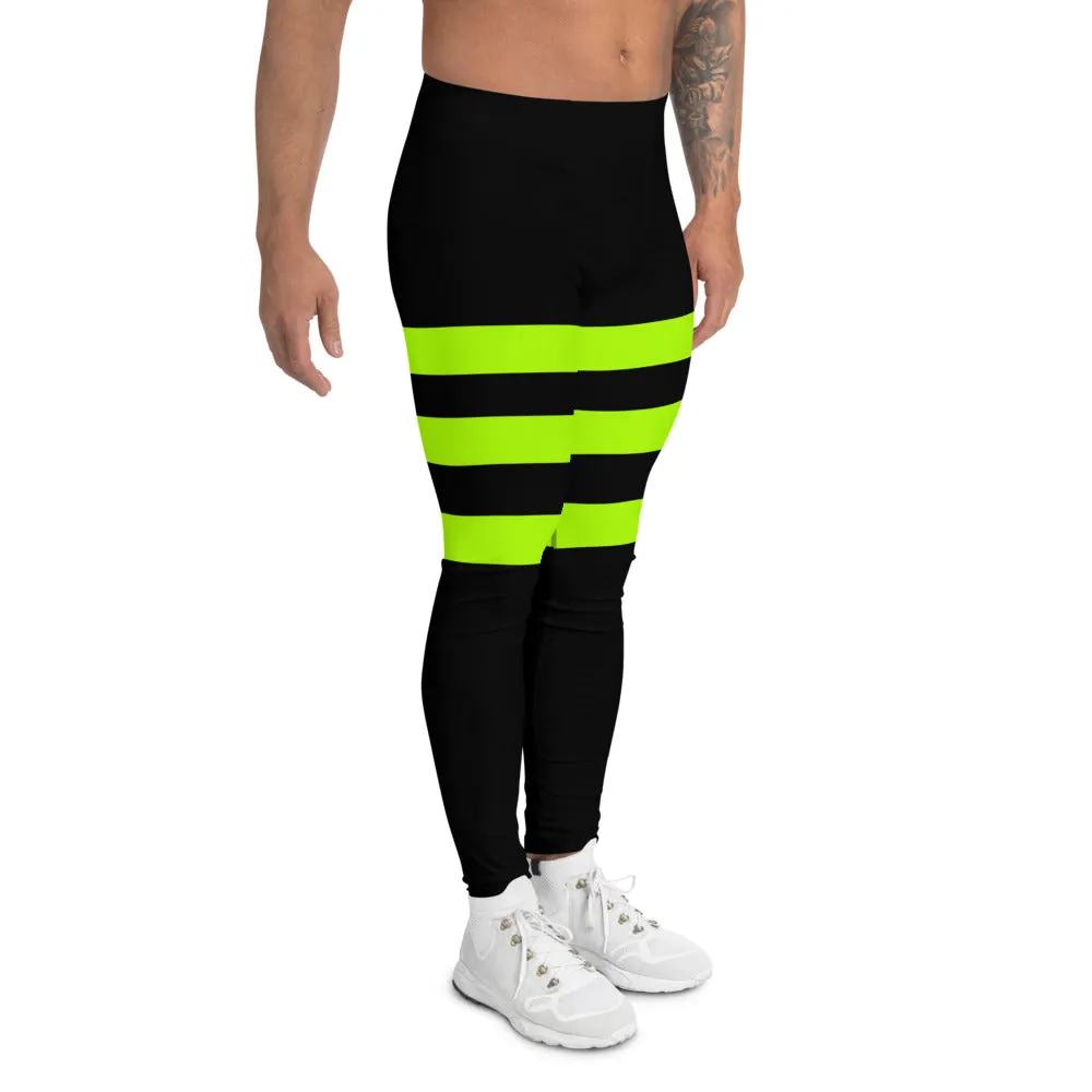 Neon Green Striped Men's Leggings, Modern Bright Meggings-Made in USA/EU/MX (US Size: XS-3XL)