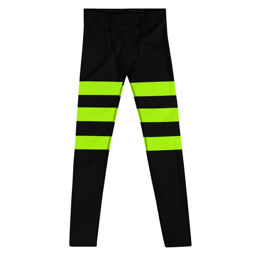 Neon Green Striped Men's Leggings, Modern Bright Meggings-Made in USA/EU/MX (US Size: XS-3XL)