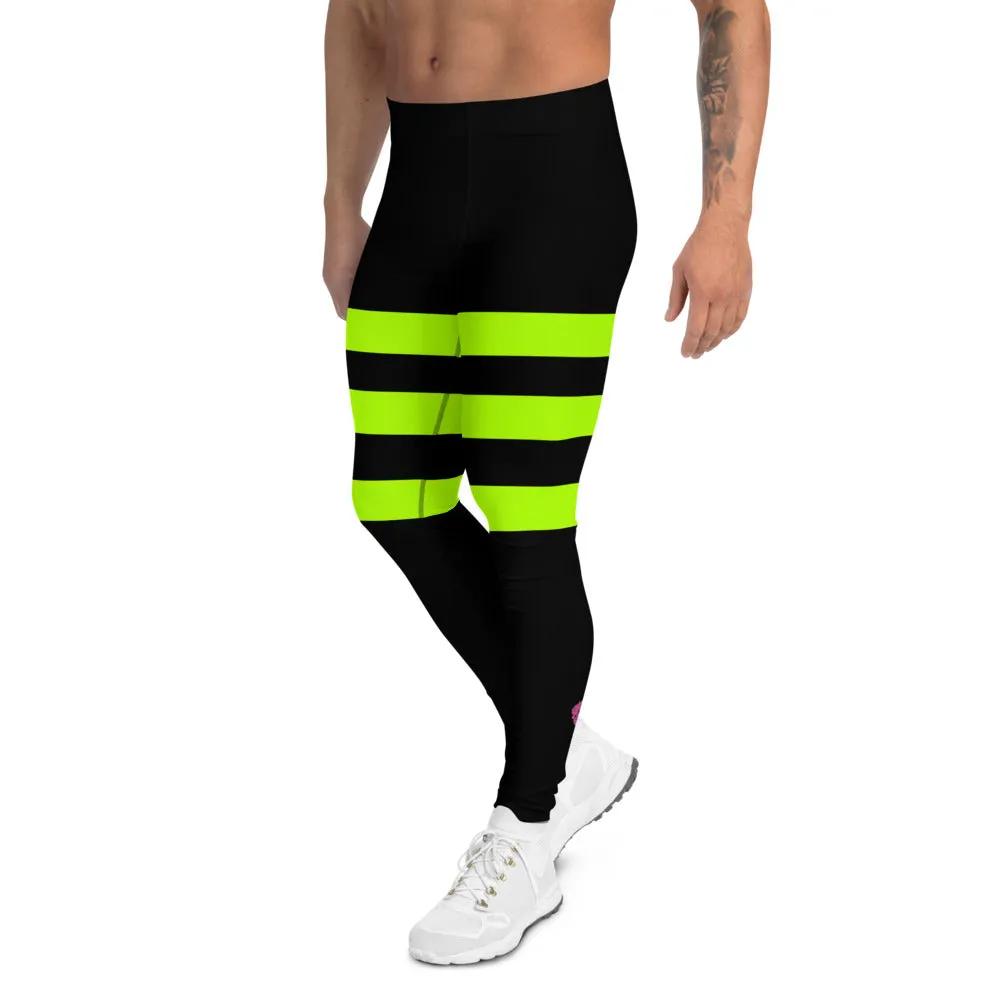 Neon Green Striped Men's Leggings, Modern Bright Meggings-Made in USA/EU/MX (US Size: XS-3XL)