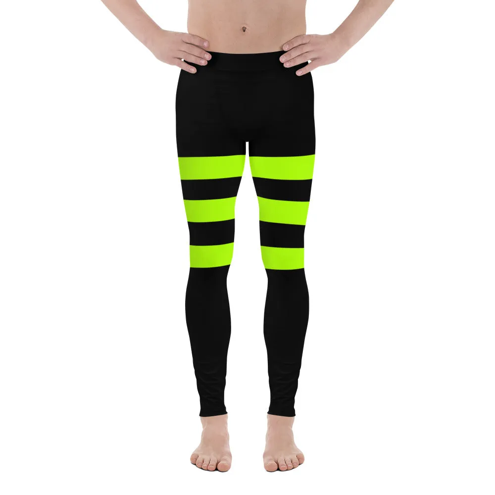 Neon Green Striped Men's Leggings, Modern Bright Meggings-Made in USA/EU/MX (US Size: XS-3XL)