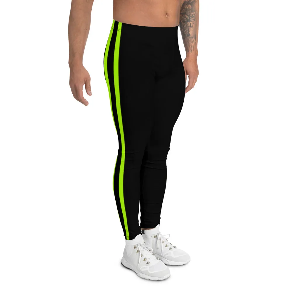 Neon Green Striped Men's Leggings, Modern Designer Premium Meggings-Made in USA/EU/MX