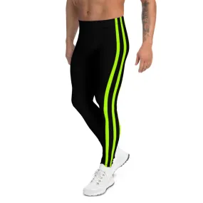 Neon Green Striped Men's Leggings, Modern Designer Premium Meggings-Made in USA/EU/MX