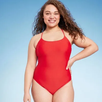 New - Shade & Shore Women's High Leg One Piece Swimsuit Lace Up Swimwear, Red S