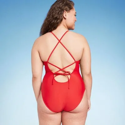 New - Shade & Shore Women's High Leg One Piece Swimsuit Lace Up Swimwear, Red S