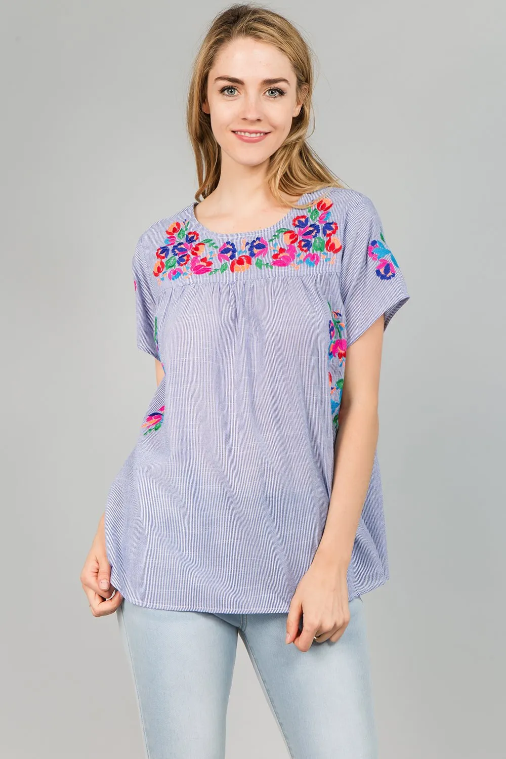 On the Border Embroidered Top, Blue Stripe