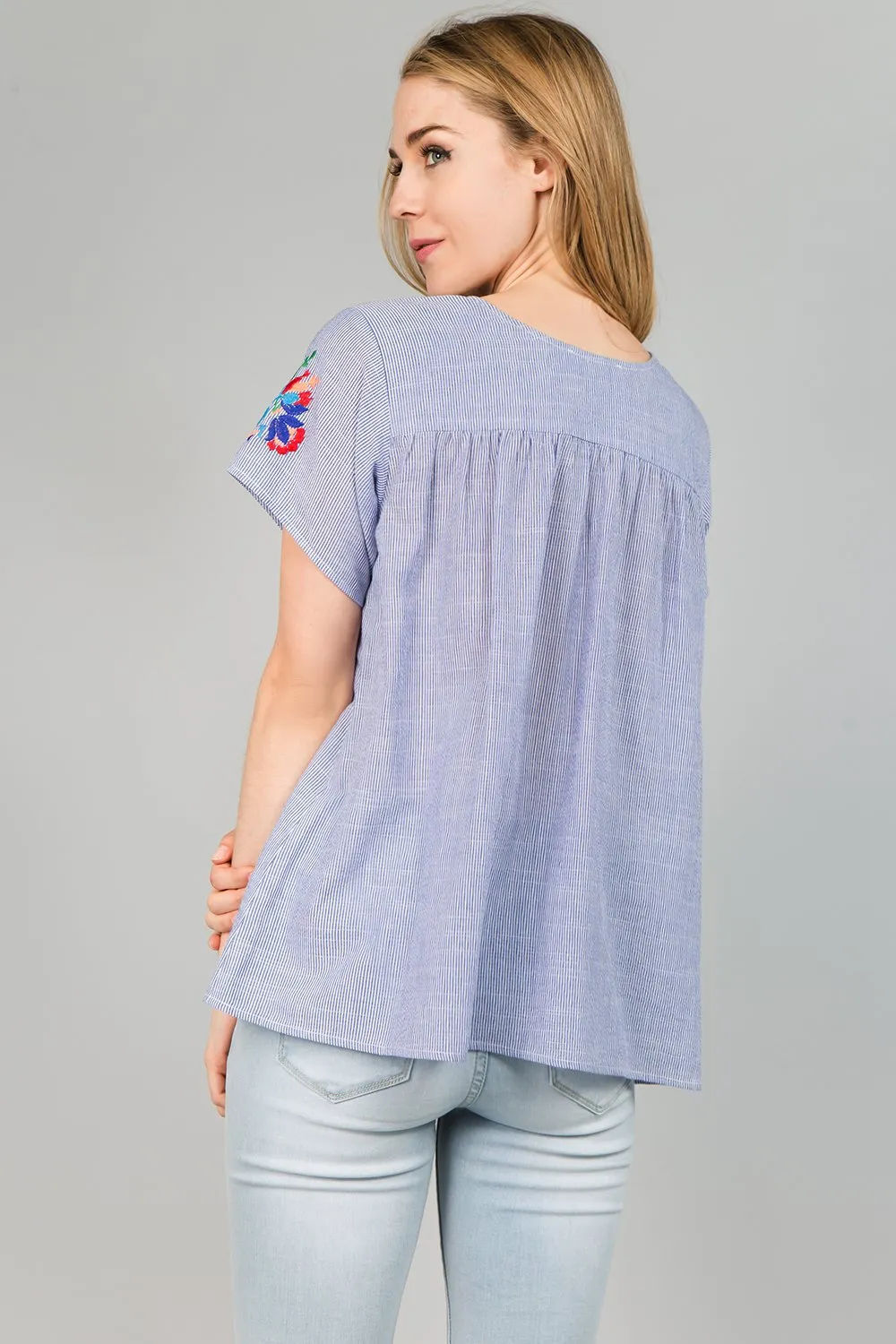 On the Border Embroidered Top, Blue Stripe