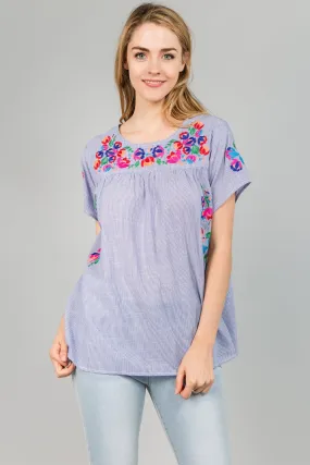 On the Border Embroidered Top, Blue Stripe