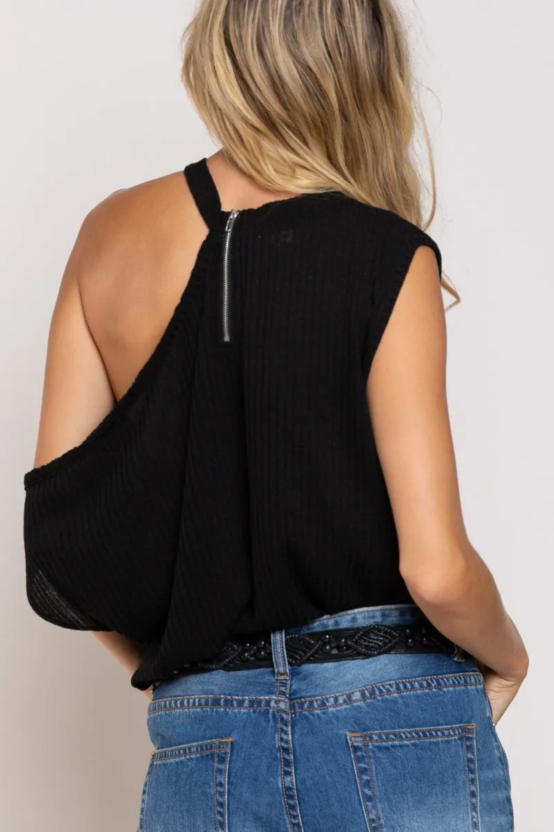 One Shoulder Ribbed Top, Black