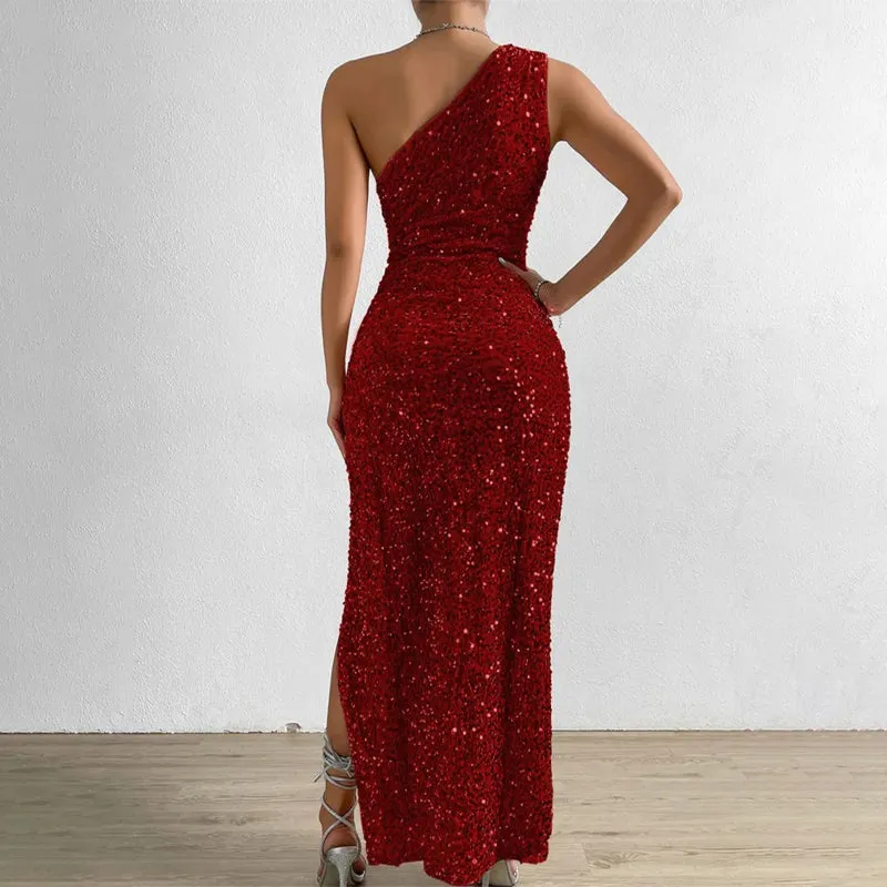 One-Shoulder Ruched Split Thigh Glitter Sequin Dress