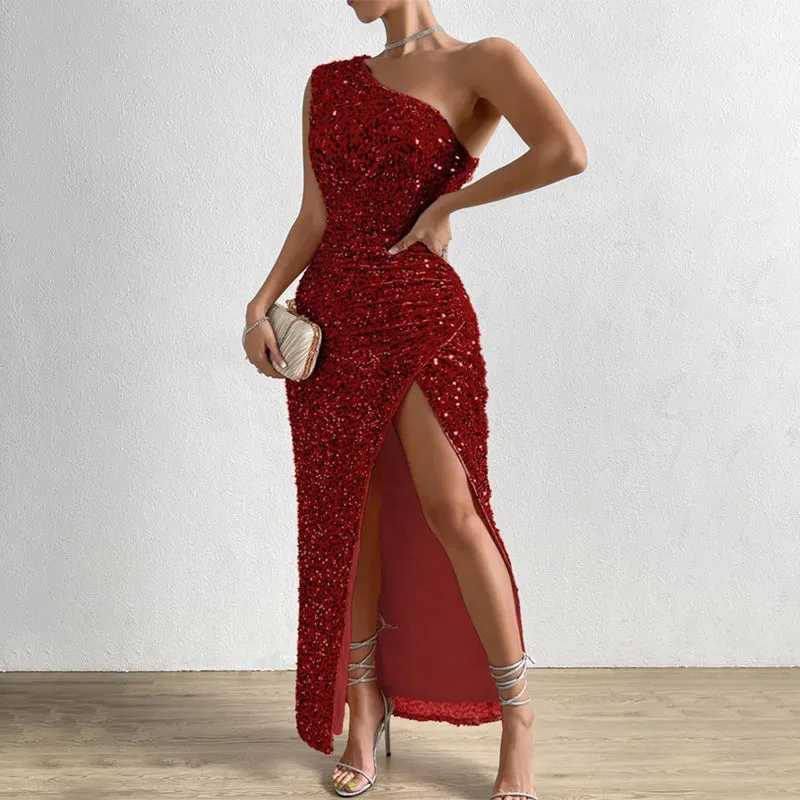 One-Shoulder Ruched Split Thigh Glitter Sequin Dress