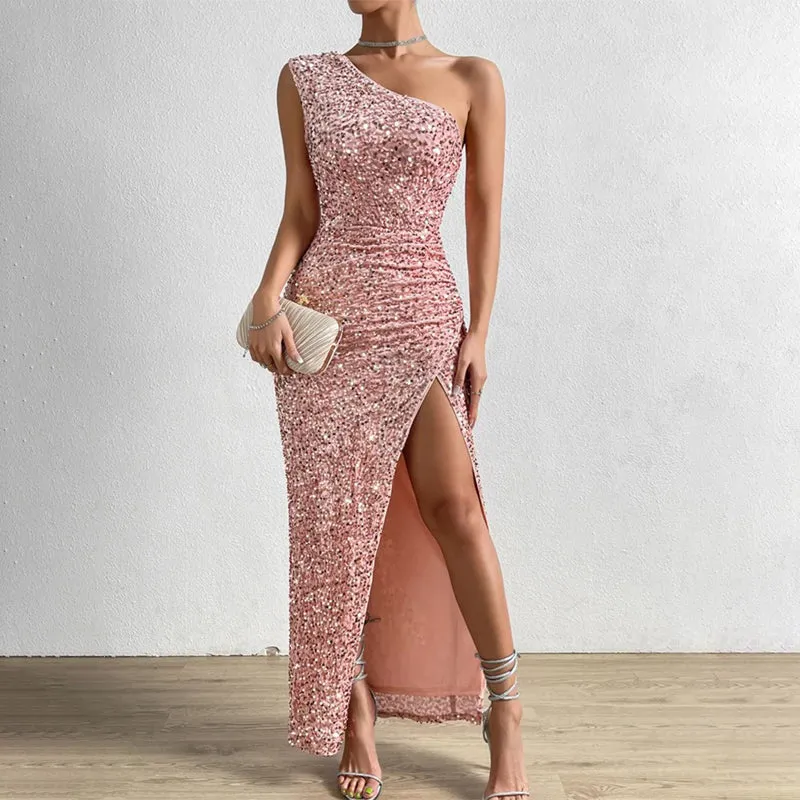 One-Shoulder Ruched Split Thigh Glitter Sequin Dress