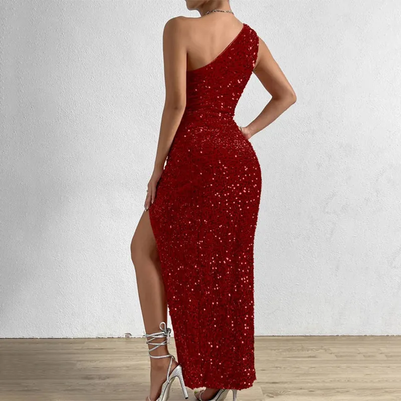 One-Shoulder Ruched Split Thigh Glitter Sequin Dress