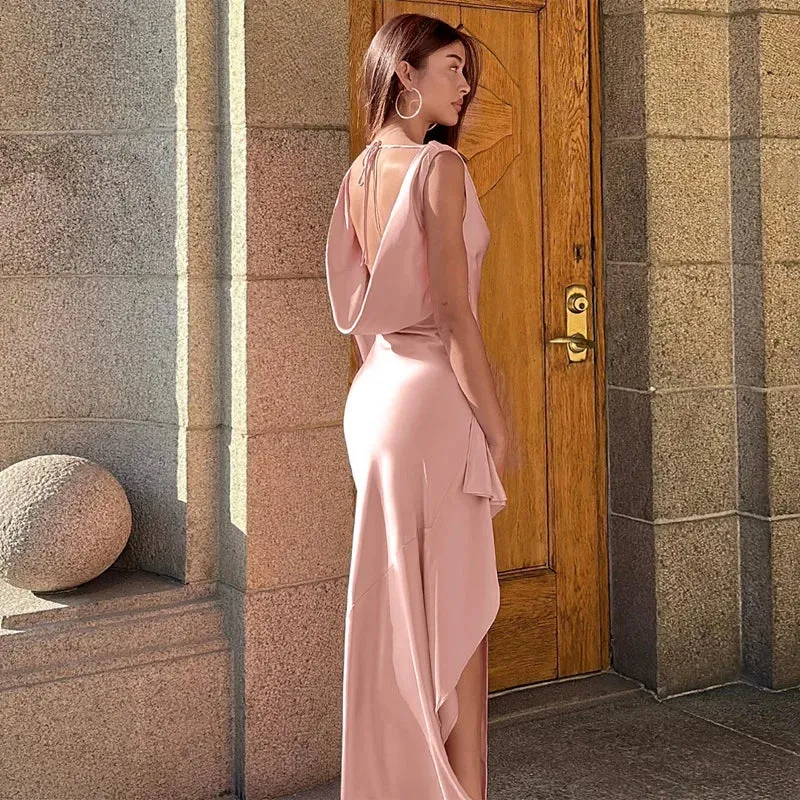 Open Back Ruffle Slit Maxi Dress with Backless Design