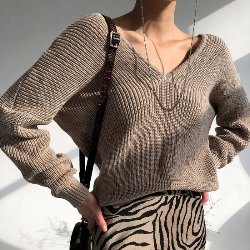 Oversize Knitted Long Sleeve Winter V-Neck Pullover Sweaters