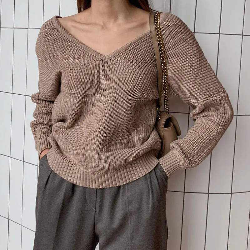 Oversize Knitted Long Sleeve Winter V-Neck Pullover Sweaters